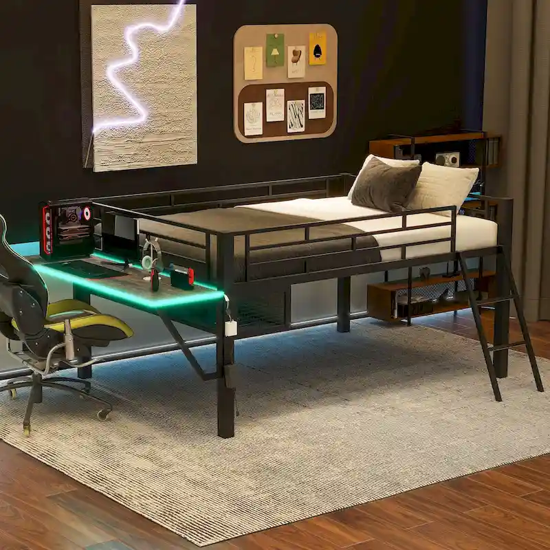 Black Full Size Gaming Mid Loft Bed with Desk, LED Lights & Under-Bed Storage – Sleeps 1