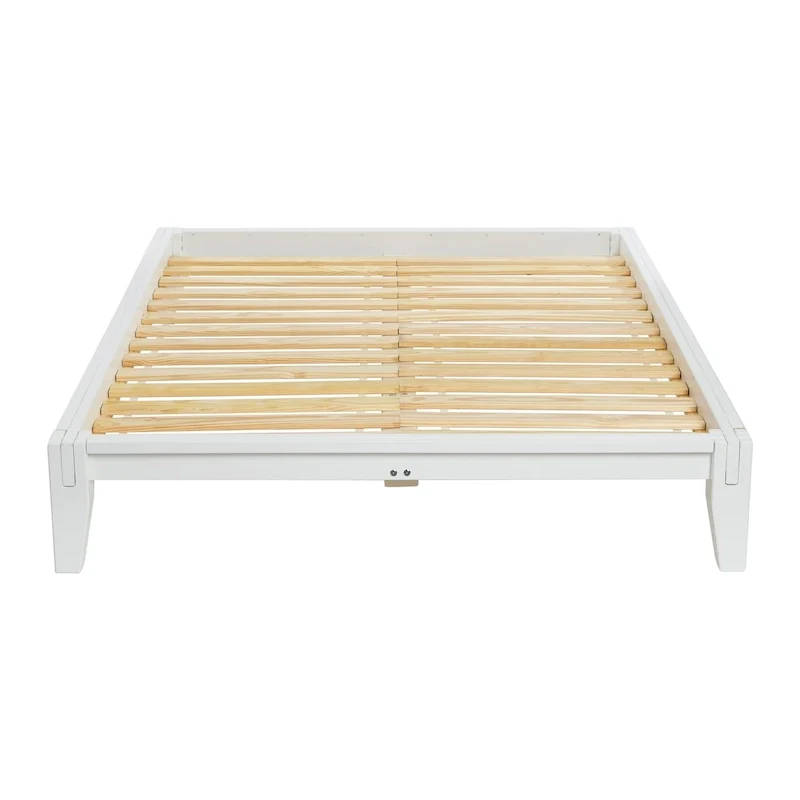 White / Black / Brown Mid-Century Solid Wood Low Platform Bed with Japanese Joinery & Wood Slats, King, 2-Person