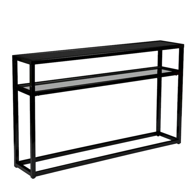 Black Glass Top Metal Frame Console Table with Shelf – 1 Person