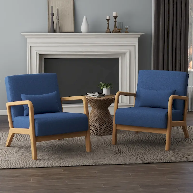 Linen / PU Upholstered Accent Chair with Pillow, Set of 2, Wood Legs