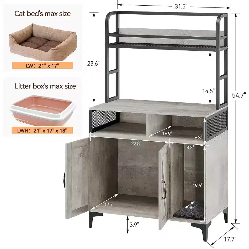 Large Hidden Litter Box Furniture with Open Shelf & Compartments, Metal Frame Indoor Cat House Furniture Cabinet for Most of Litter Box