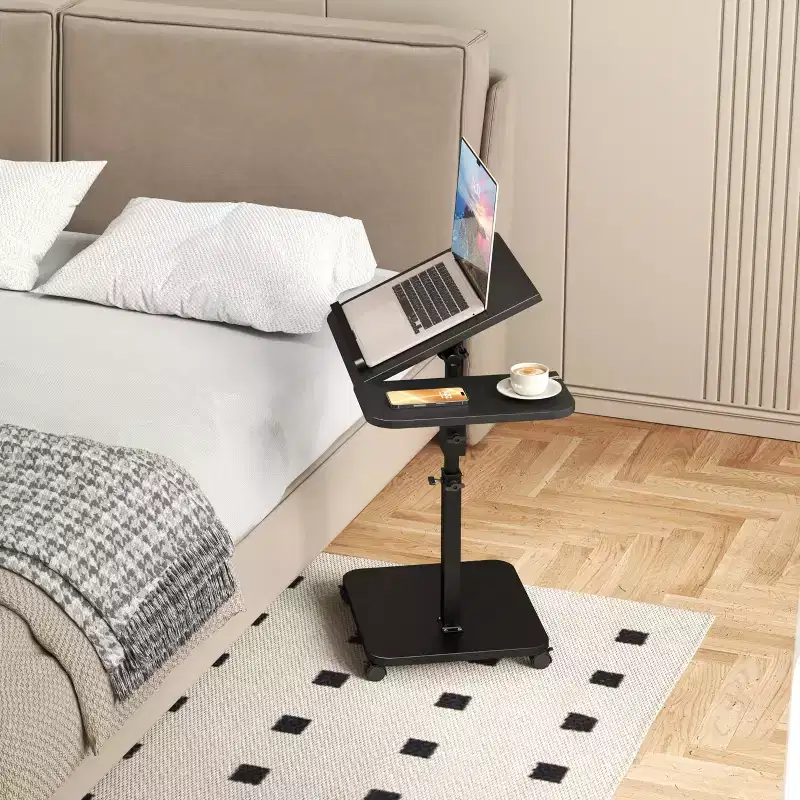 1 Set c-Shaped Side Table, Height Adjustable Overbed Bedside Table with Wheels, Multi-Purpose Sofa Table & Laptop Desk for Small Spaces
