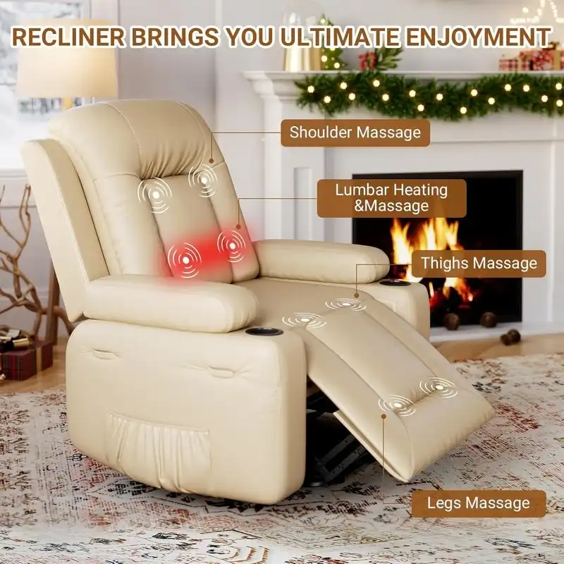 Power lift recliner chair with massage, cup holders, and side pocket.