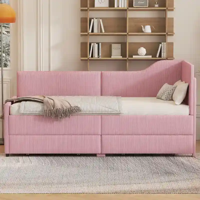 Pink / Beige / Blue Corduroy L-Shaped Twin Size Daybed with 2 Storage Drawers (Single)