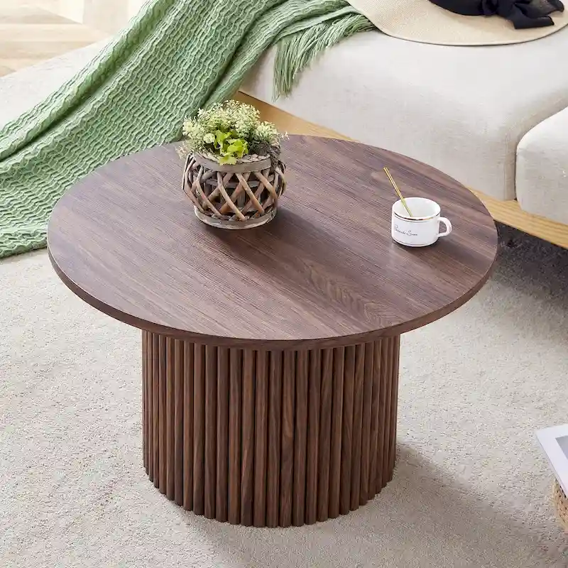 Walnut Round Coffee Table with Cylindrical Carved Legs & Concealed Storage, Modern Style, 1-Person