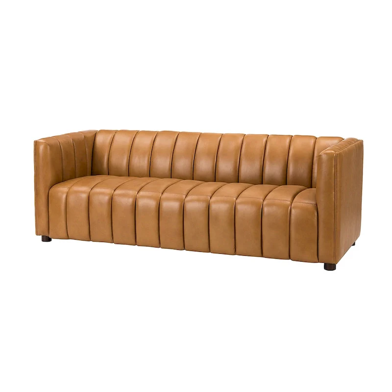Modern Camel 83-Inch Genuine Leather Curved Couch with Channel Back