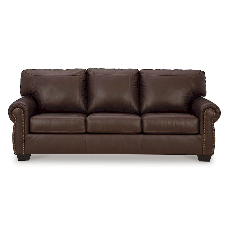 92 Inch Sofa, Nailhead Trim, Cushion Seating, Brown Leather Upholstery