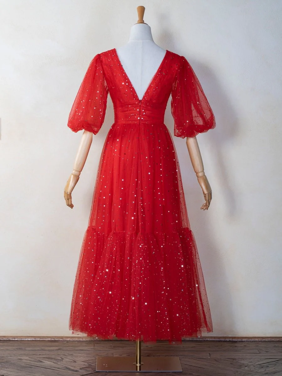 V-neck Glitter Ankle Length Tulle Prom Dress