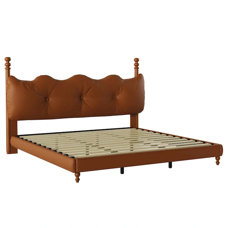 PU Leather Platform Bed with Button-Tufted Headboard & Wood Bedposts – Coffee, Queen / King / Cal King, Sleeps 2