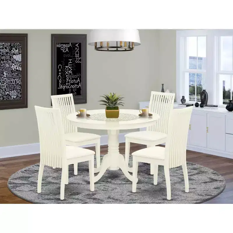 HomeStock 5-Piece Round Linen White Finish Solid Wood Top Dining table with 4 Chairs