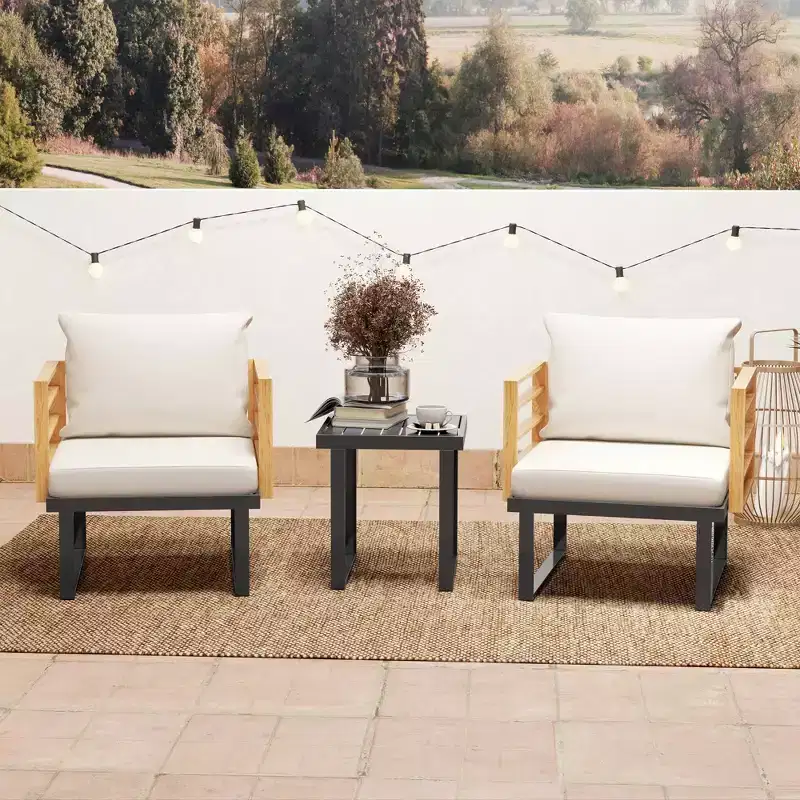 Outsunny 3 Pieces Outdoor Bistro Set, Metal Patio Furniture with Cushions, Armchairs and Slatted Table, Small Patio Set for Balcony, Porch, Beige