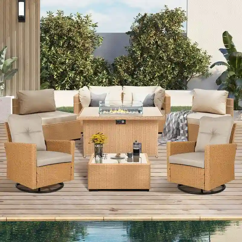 UPHA 8-Piece Wicker Patio Fire Pit Conversation Set with Swivel Chairs, Cushions