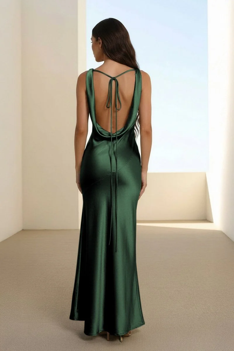 Sage V Neck Sheath Satin Open Back Long Prom Dresses