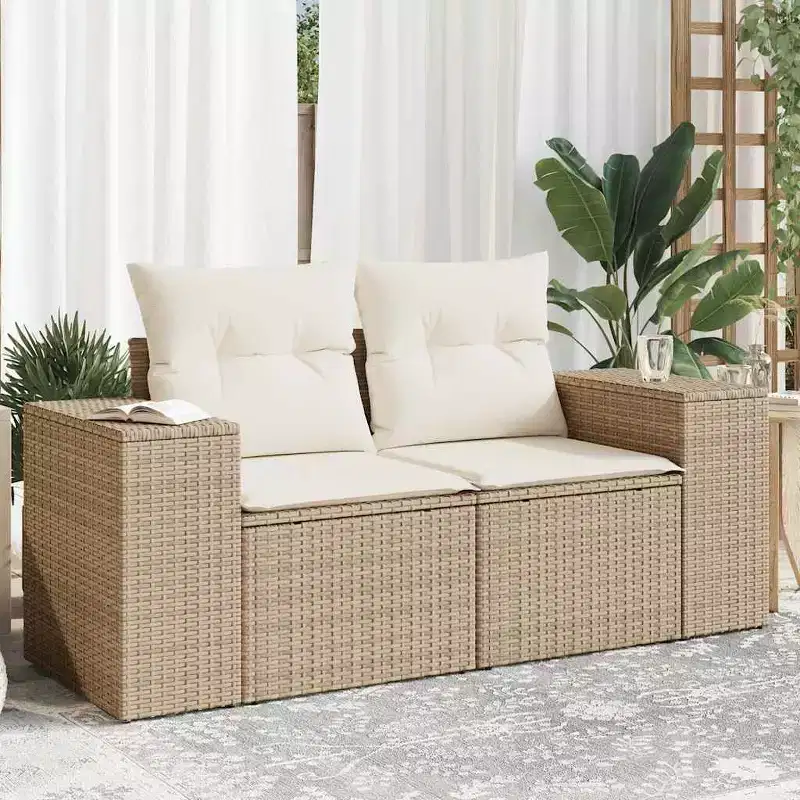 vidaXL Garden Sofa Beige Poly Rattan 2-Seater Adjustable Legs