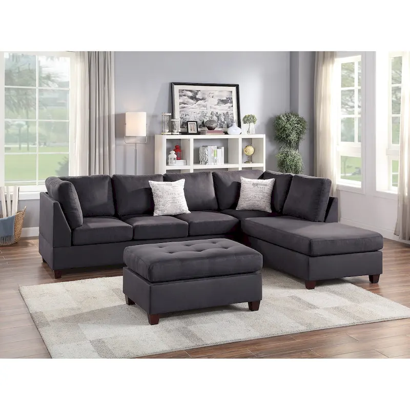 3-Piece Microfiber Sectional Sofa Set, Ebony/Grey, Seats 3+
