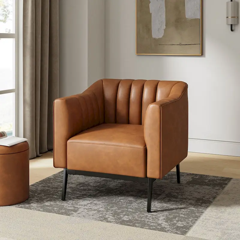 Industrial Leather Chair with Channel Tufting and Metal Leg