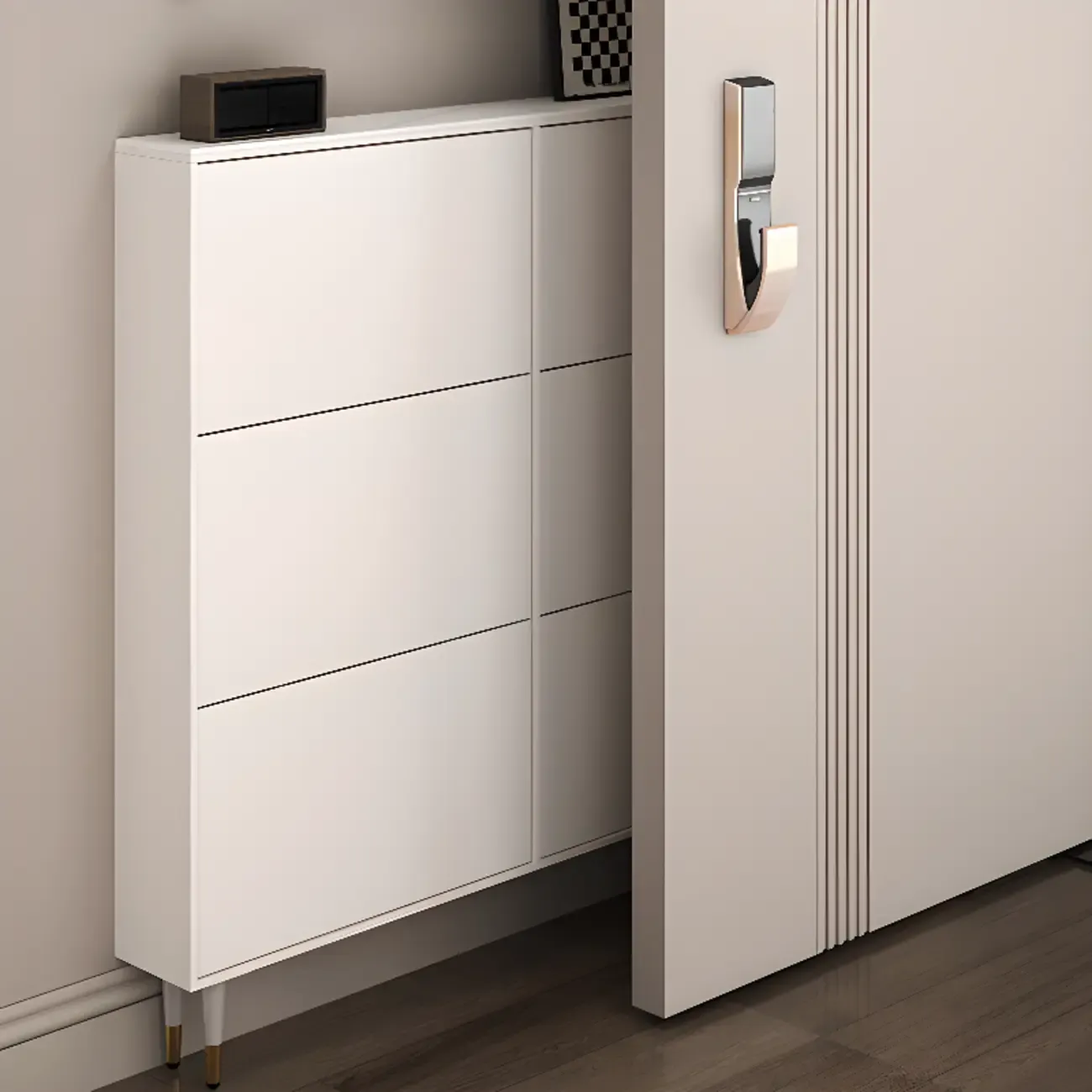 Modern White Wood Entryway Drop-Front Shoe Cabinet