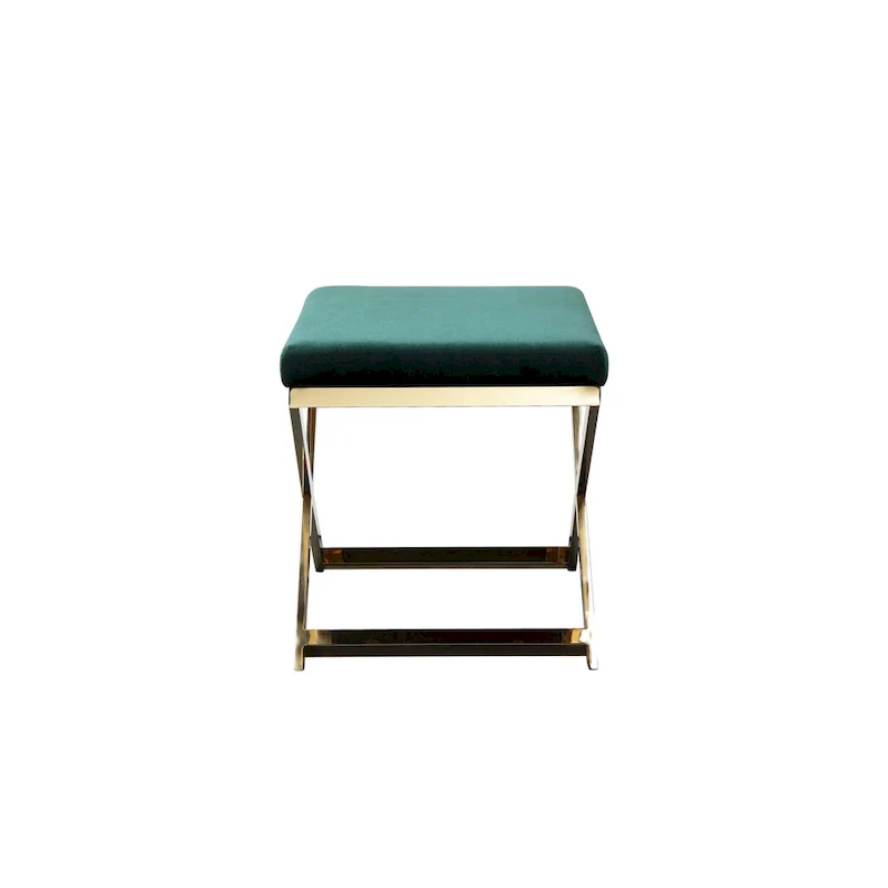 Sovi 24 Inch Accent Stool Ottoman Bench, Plush Green Velvet, Gold X Base