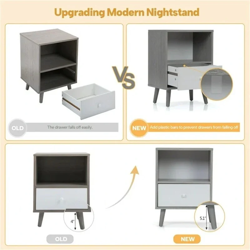 2-Piece Nightstand Set with Drawer and Open Shelf