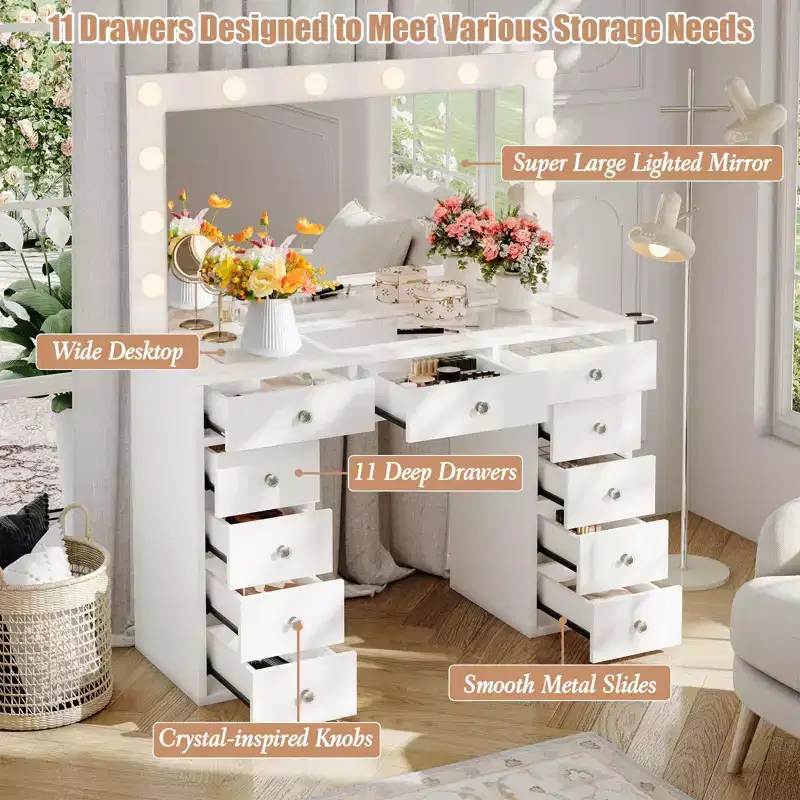 Vanity Desk with Power Outlet, Makeup Vanity with Mirror and 12 Lights, 3 Lighting Modes, Glass Top Vanity Set, Dressing Table for Bedroom