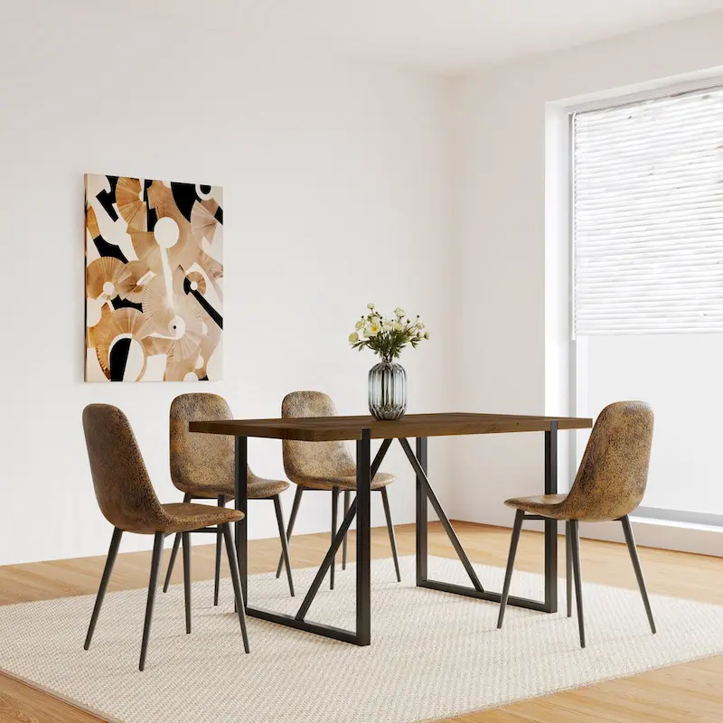 MDF Wood Colour Dining Table and Modern Dining Chairs Set of 4, Mid Century Wooden Kitchen Table Set, Metal Base & Legs