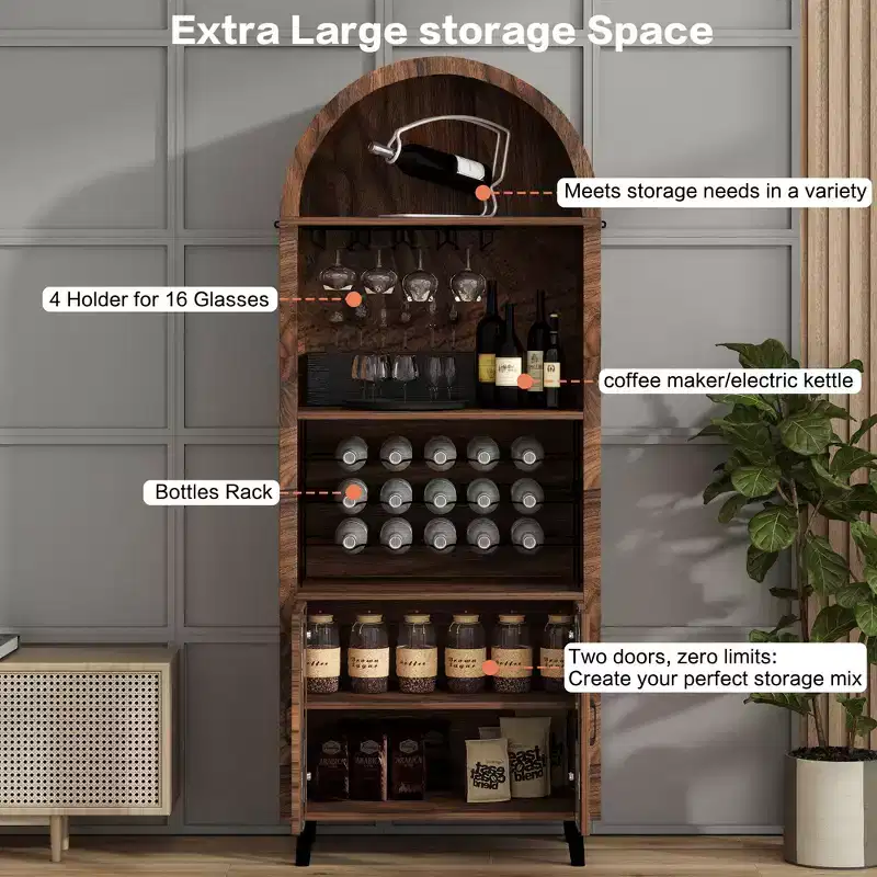 JVNOXK 71''Farmhouse-Style Arched Display Cabinet with Wine Rack and Glass Holder Wine Storage Cabinet for Dining Rooms and Living Rooms, Walnut