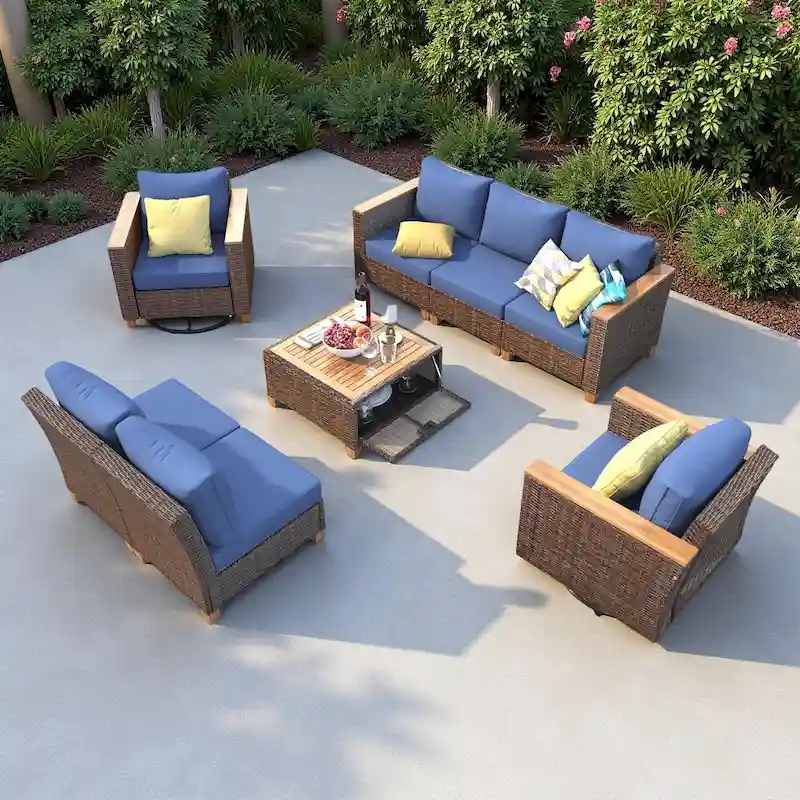 8-Piece Outdoor Patio Wicker Conversation Sofa Set with 2 Swivel Rocking Chairs and Acacia Storage Table