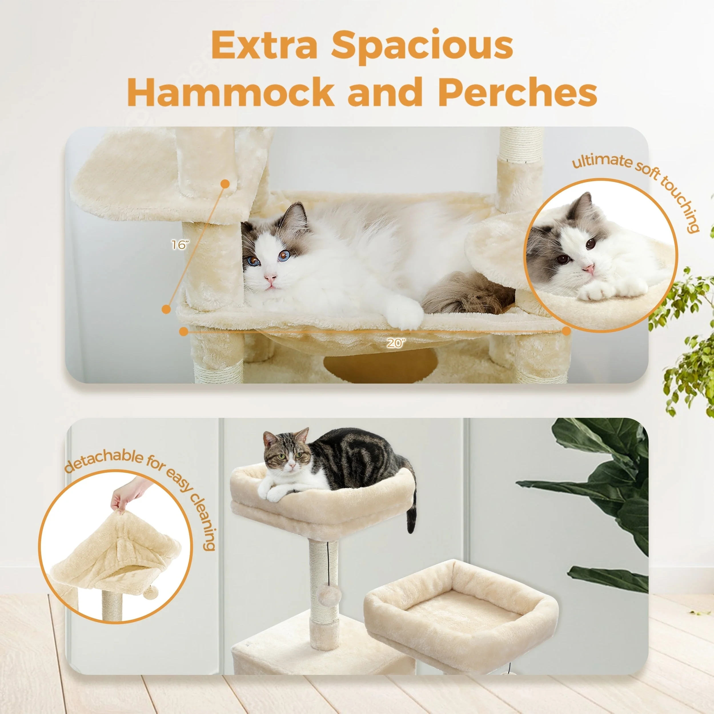 Large Cat Tower Cat Condo with Scratching Posts and Pads, 2 Padded Perch, Dual Condo and Basket