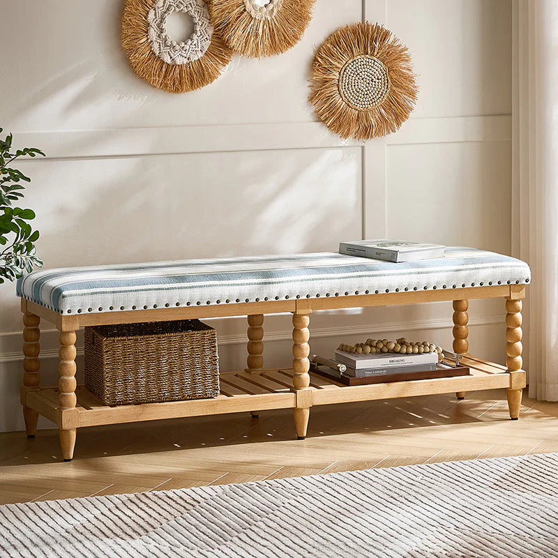 Upholstered Bench with Nailhead Trim, Foam Seat, Turned Solid Wood Legs & Slatted Storage Shelf | Ivory / Strip / Blue | Single