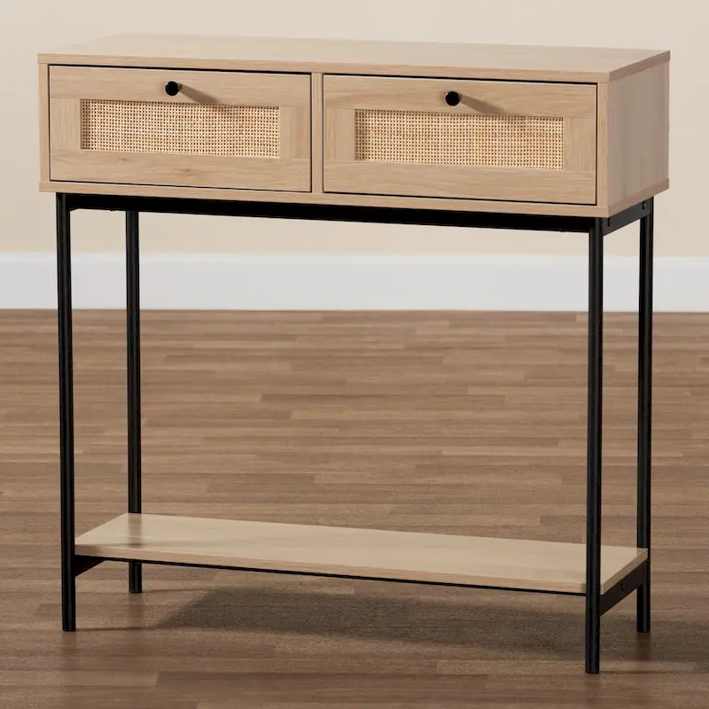 Sherwin Mid-Century Modern Light Brown and Black 2-Drawer Console Table with Woven Rattan Accent