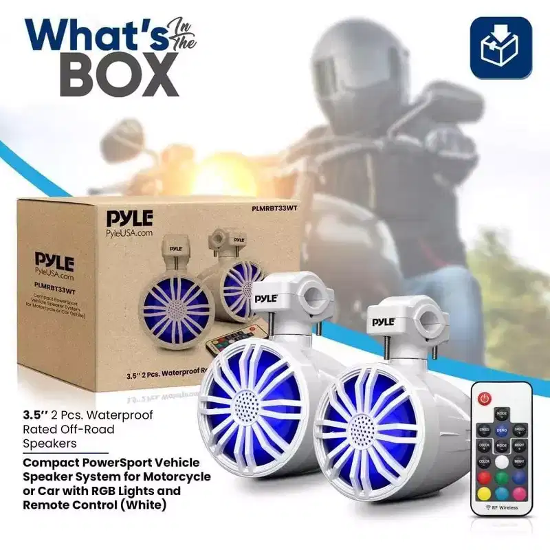 Pyle PLMRBT33WT 3.5 Marine Bluetooth Speaker System with Waterproof Rating, RGB Lights, and Remote Control for Off-Road Vehicles (2 Pcs, White)