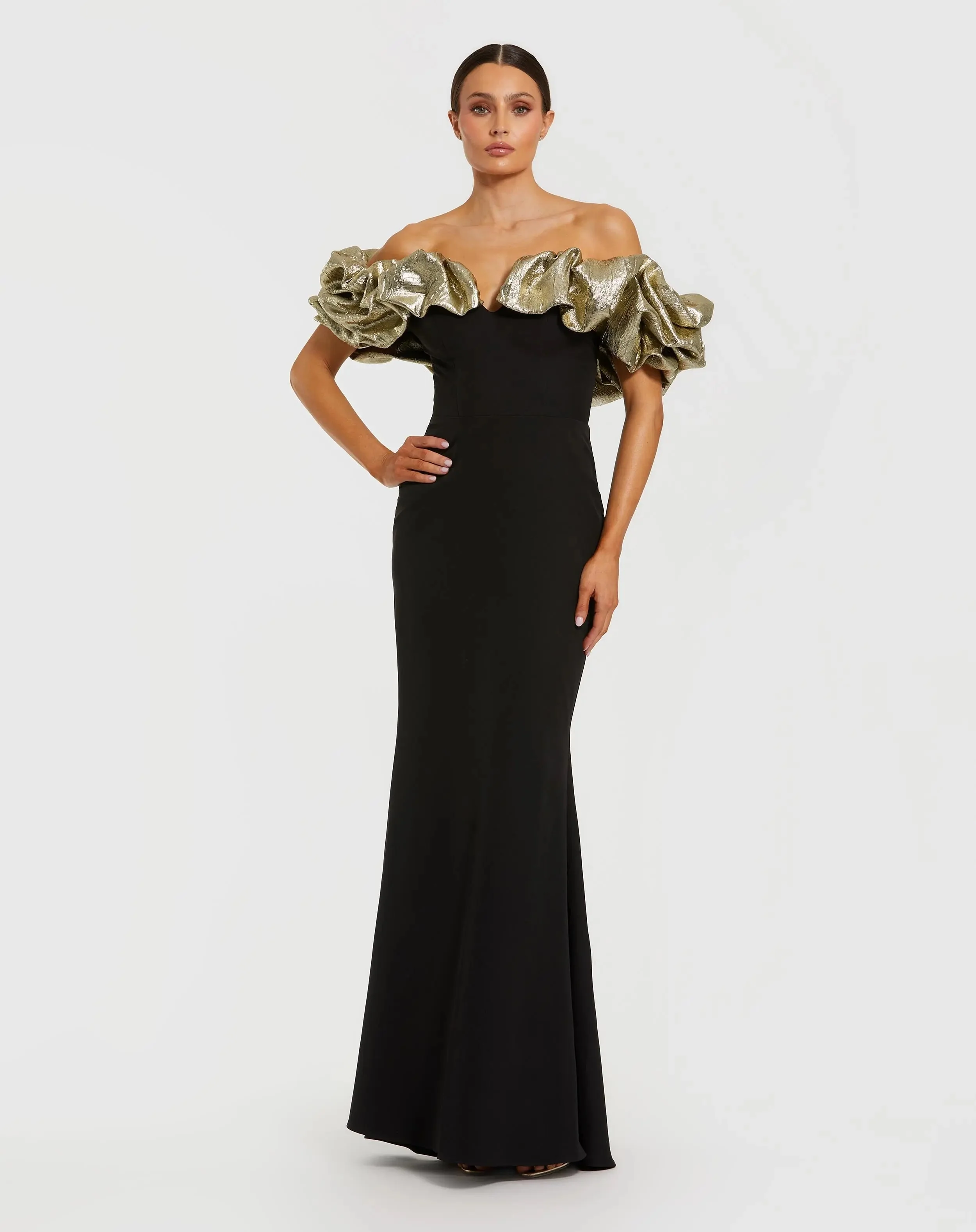Black Mermaid Gown With Off The Shoulder Ruffle Detail