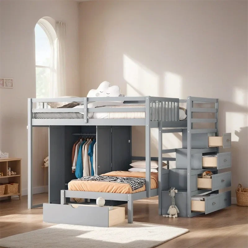 White/Grey Full Over Twin Bunk Bed with Wardrobe & Drawers, Sleeps 2
