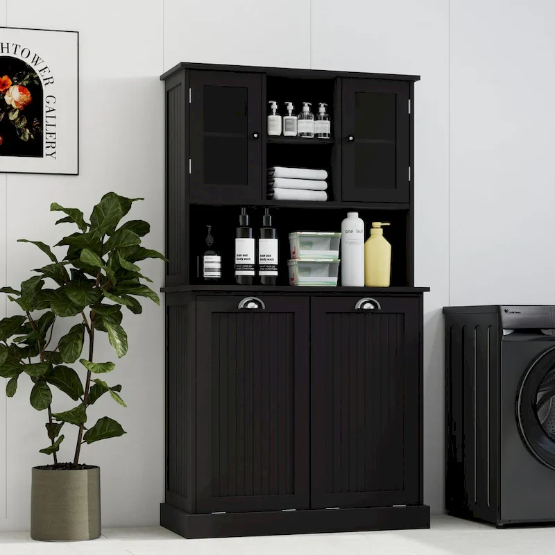 Two-Compartment Tilt-Out Dirty Laundry Basket Tall Bathroom Cabinet