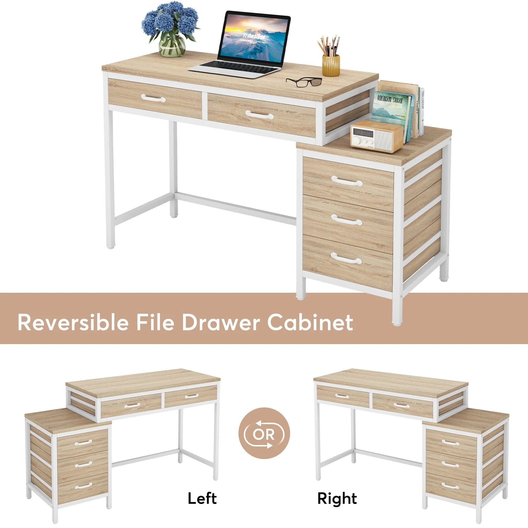 Reversible Computer Desk with 5 Drawers, Home Office Desk with File Cabinet Drawer Printer Stand