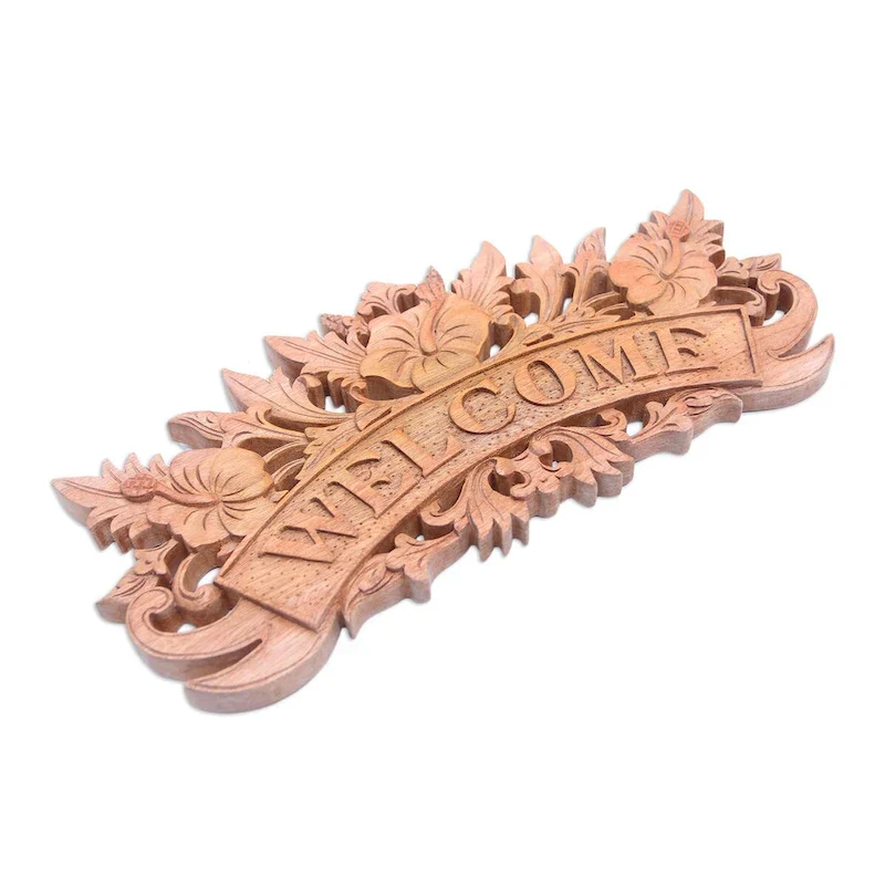 Novica Handmade Welcoming Hibiscus Wood Wall Sign