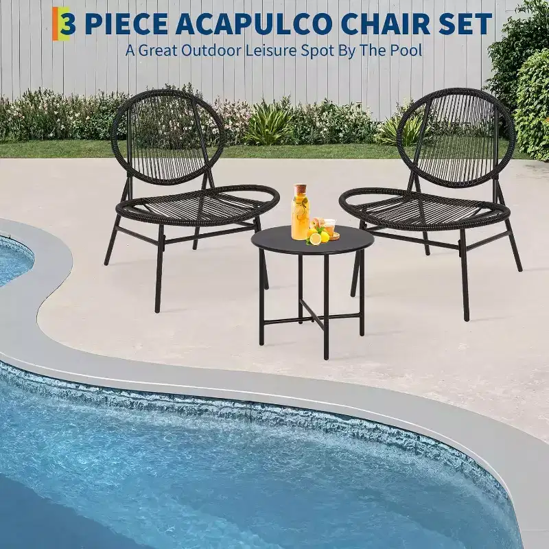 Acekool 3-Piece Outdoor Patio Bistro Set,Powder-Coated Steel Chairs & Side Table, Weather-Resistant Black Furniture for Garden, Balcony, Backyard