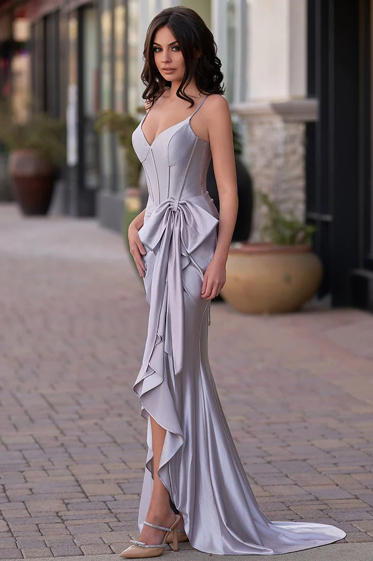 Straps V-Neck Satin Mermaid Prom Dress with Bow