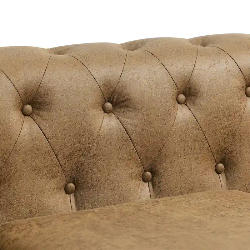 Brown 74.5 Fabric Upholstered Chesterfield Sofa with Tufted Backrest, 2 Headrests, and Sponge Cushions