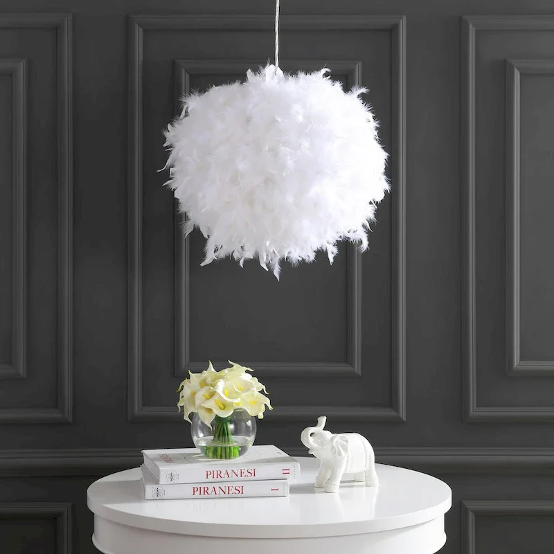 Simon 19  Feather Metal Adjustable LED Pendant, White by JONATHAN Y