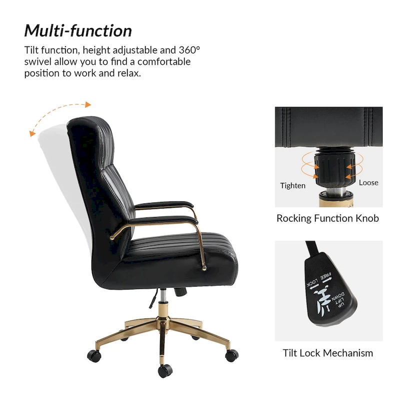 Curtiz Mid-Century Modern Vegan Leather Swivel Tilting Office Chair with Channel Tufted and Metal Feet by HULALA HOME