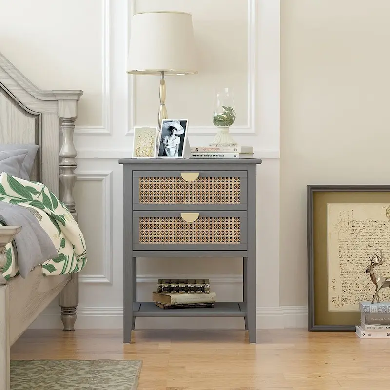 Grey / Green / Blue 2-Drawer Rattan Side Table, Single
