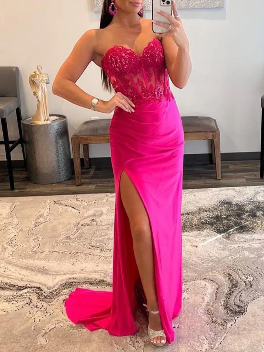 Sheath Strapless Sweetheart Long Prom Dress with Slit