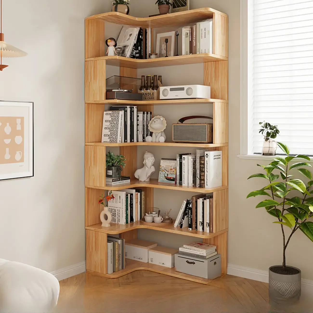 Natural Finish L-Shaped Vertical Wood Open Back Bookcase