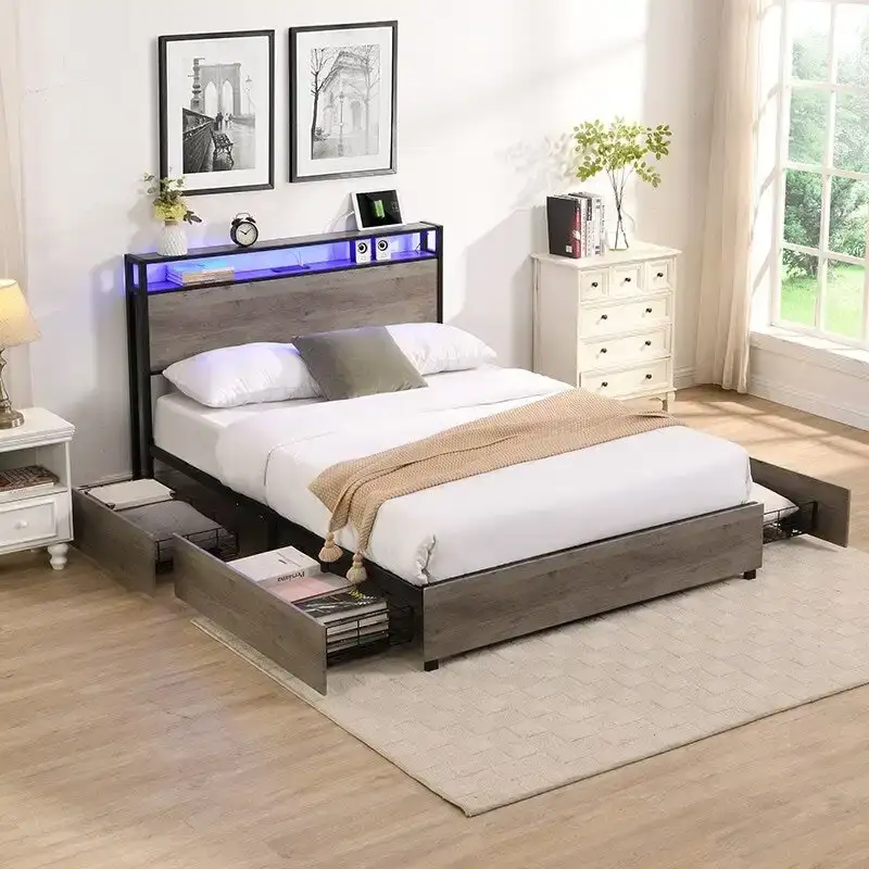 Full Size Platform Bed Frame, Storage Headboard with Charging Station and 4 Storage Drawers