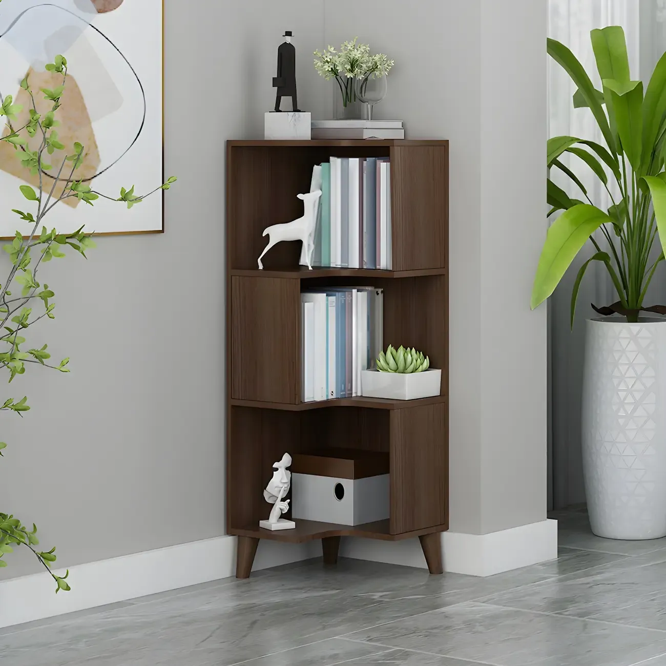 Scandinavian Walnut Wood Corner Bookcase 3-Tier