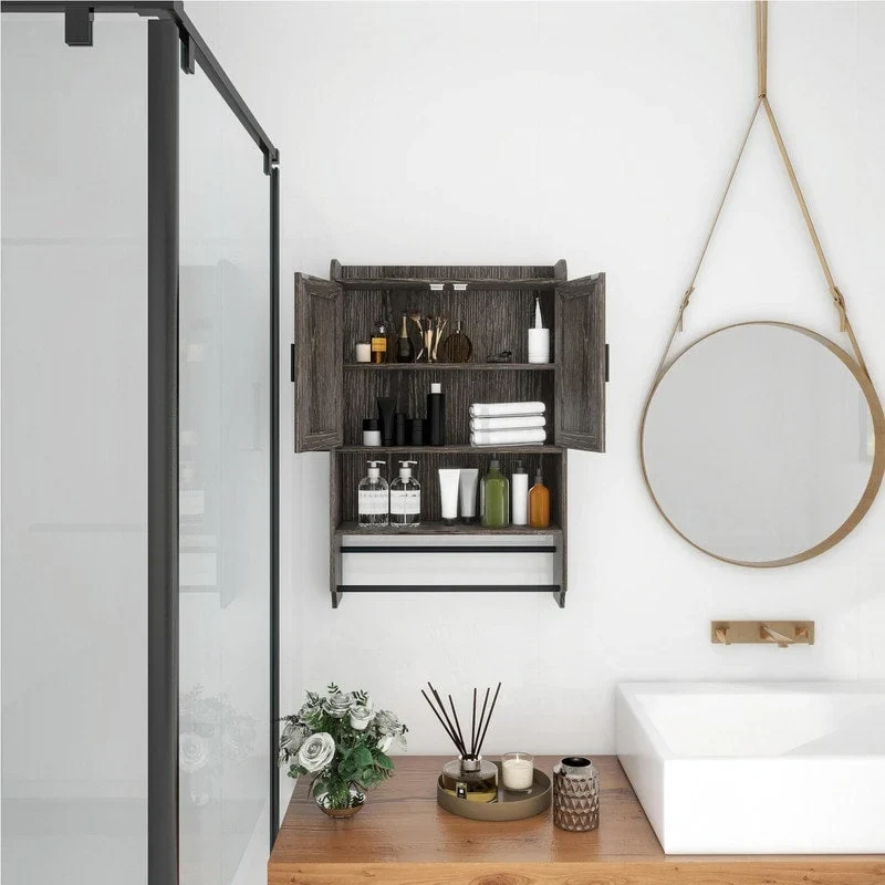 Bathroom Wall Cabinet with Adjustable Shelf, Towel Bar, and Paper Holder