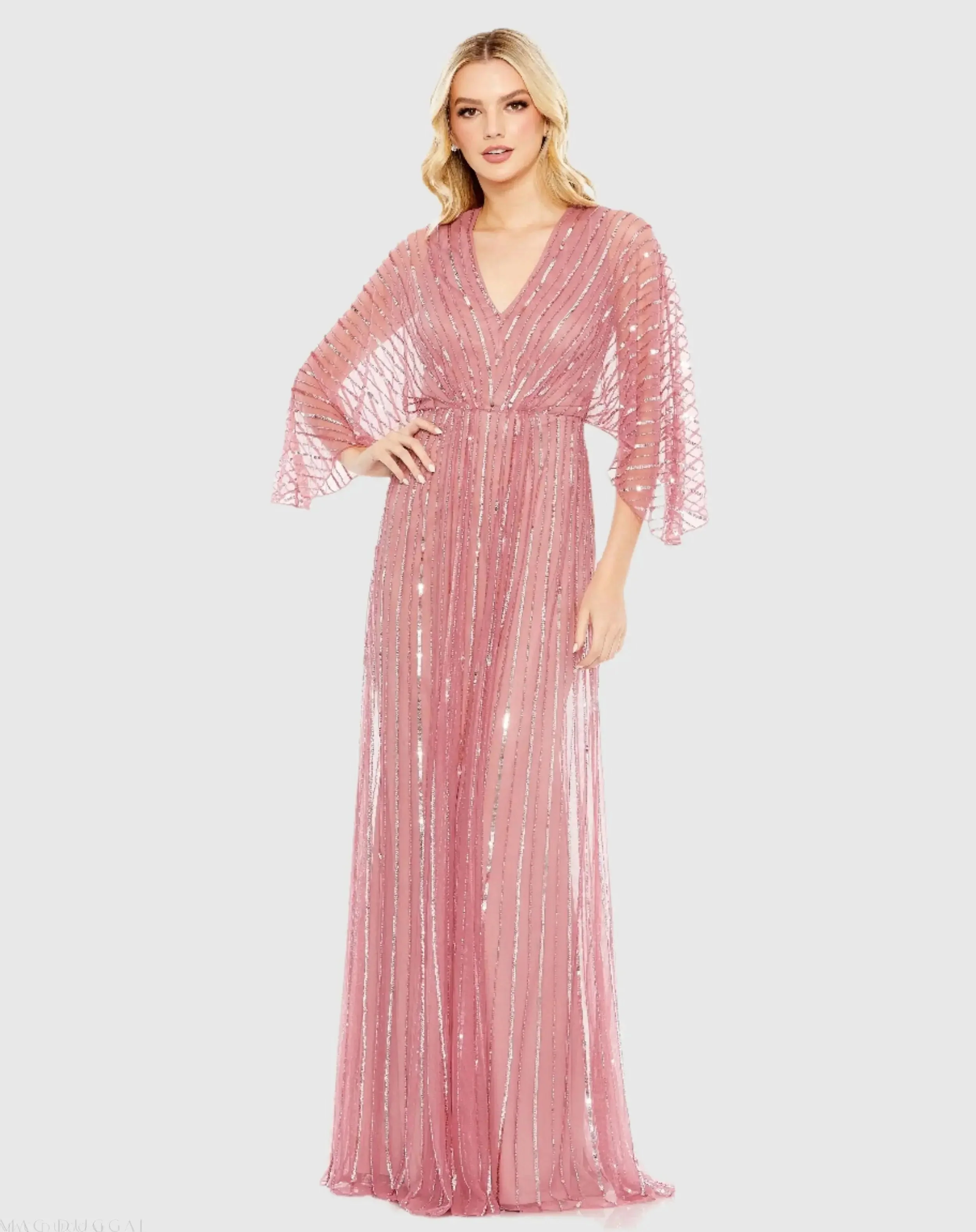 Pink Beaded Striping Kimono Sleeve V Neck Gown