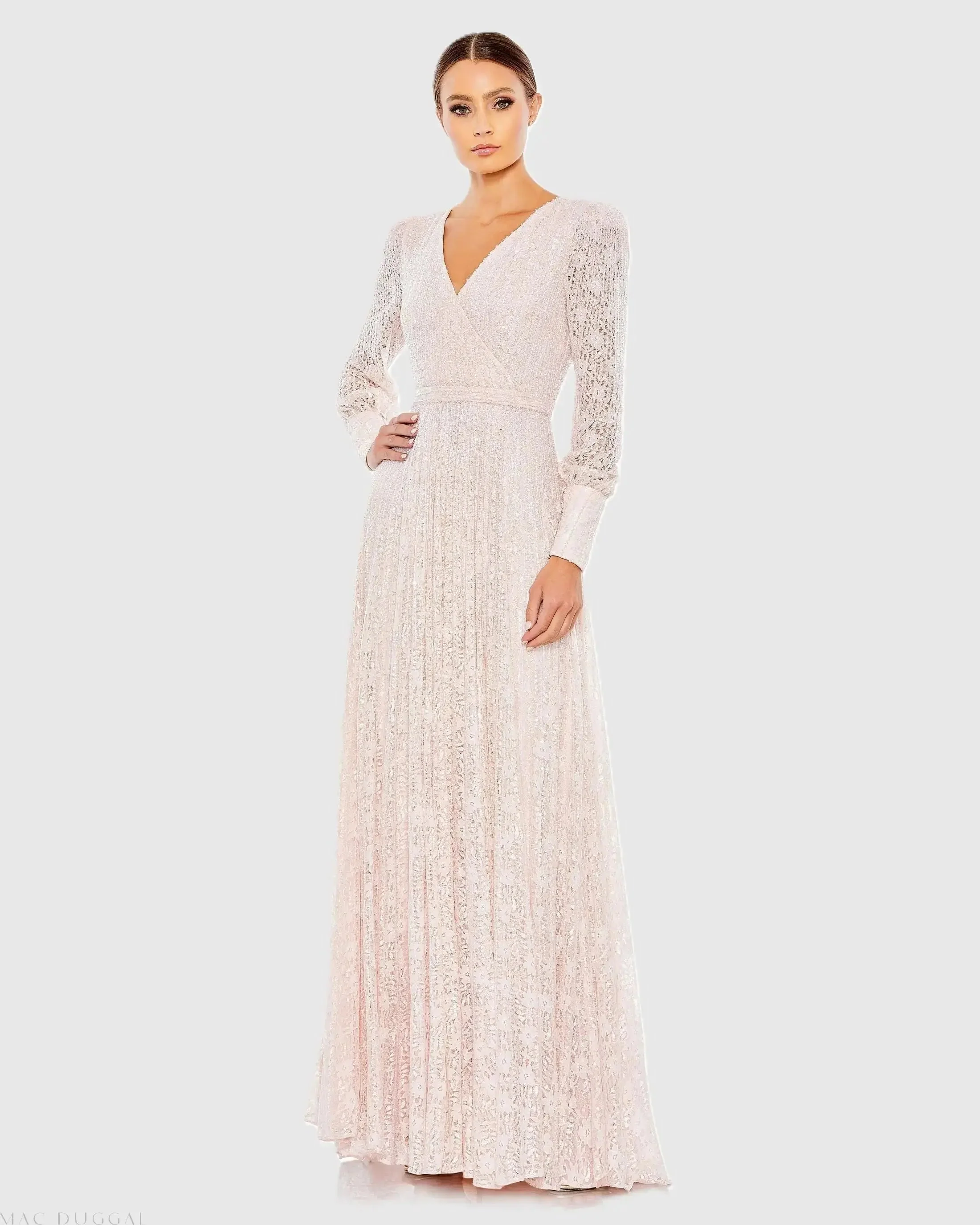 Pink Beaded Lace Long Sleeve Wrap Over Gown