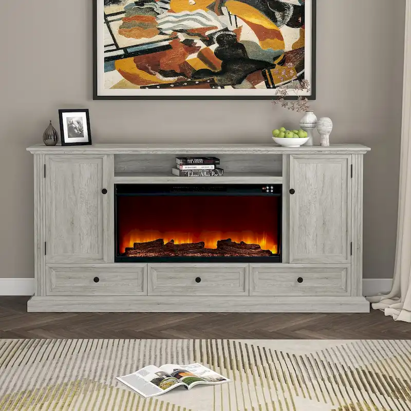 Farmhouse 72 in. TV Stand with Fireplace - 73W x 35H x 14D in.